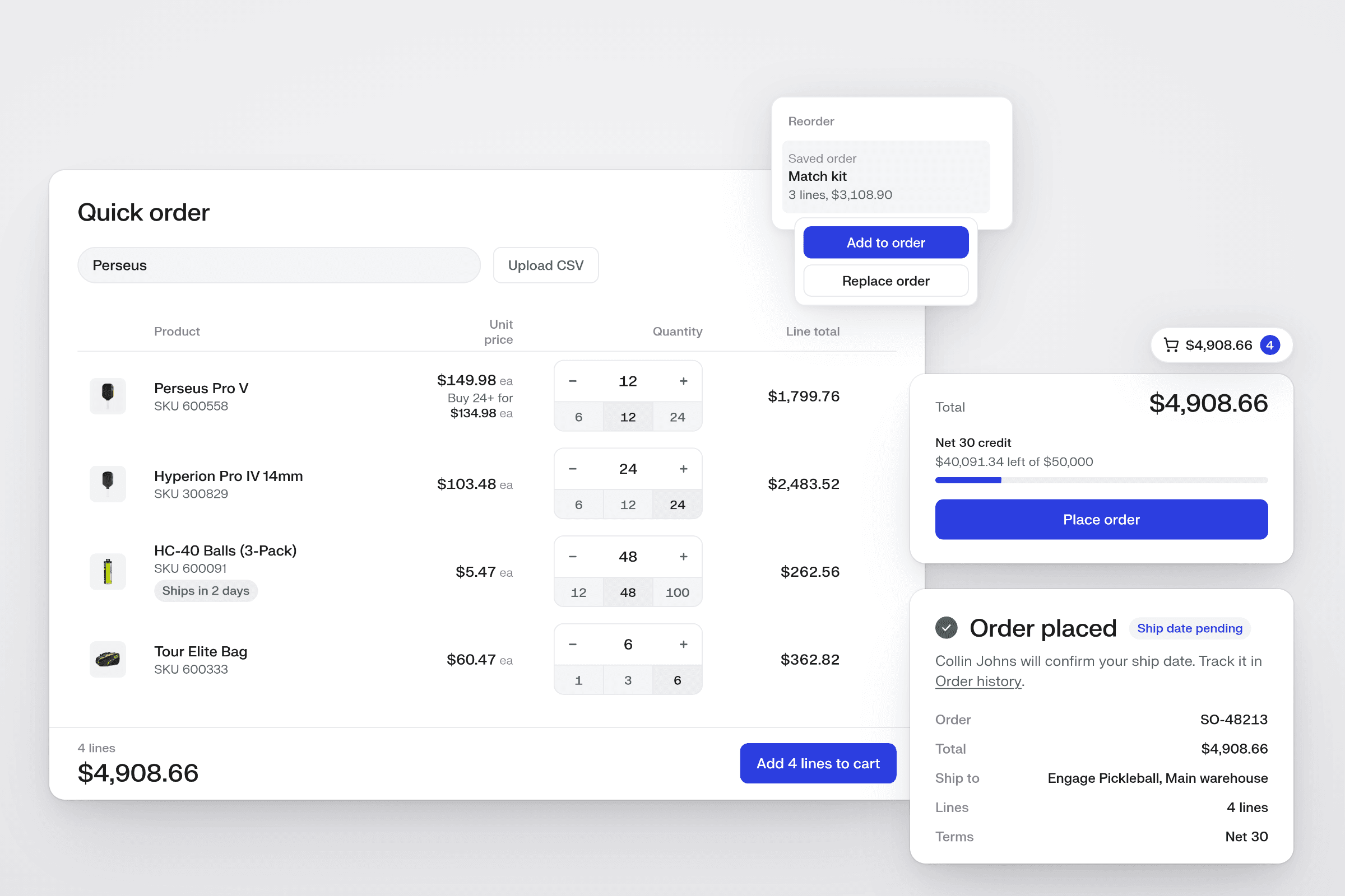 Quick order screen from the JOOLA wholesale prototype, with tier pricing, a saved order, Net 30 credit, and an order marked ship date pending.
